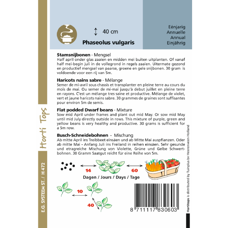 Stam- of struiksnijbonen - mengsel paars. geel en groen 30 gram Hortitops