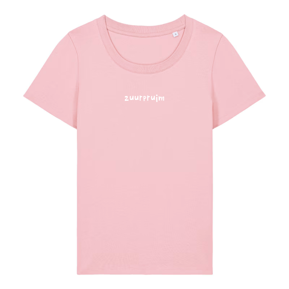 Dames t-shirt 'zuurpruim' geborduurd