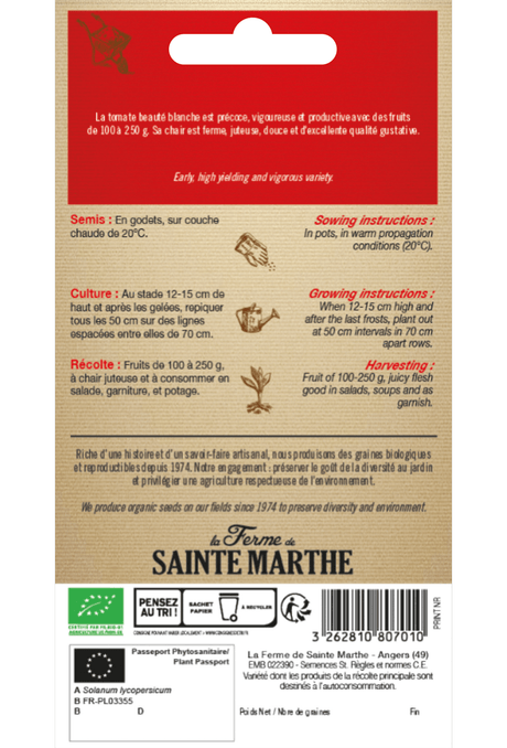 Graines de Tomate 'Beauté Blanche' BIO (variété précoce)