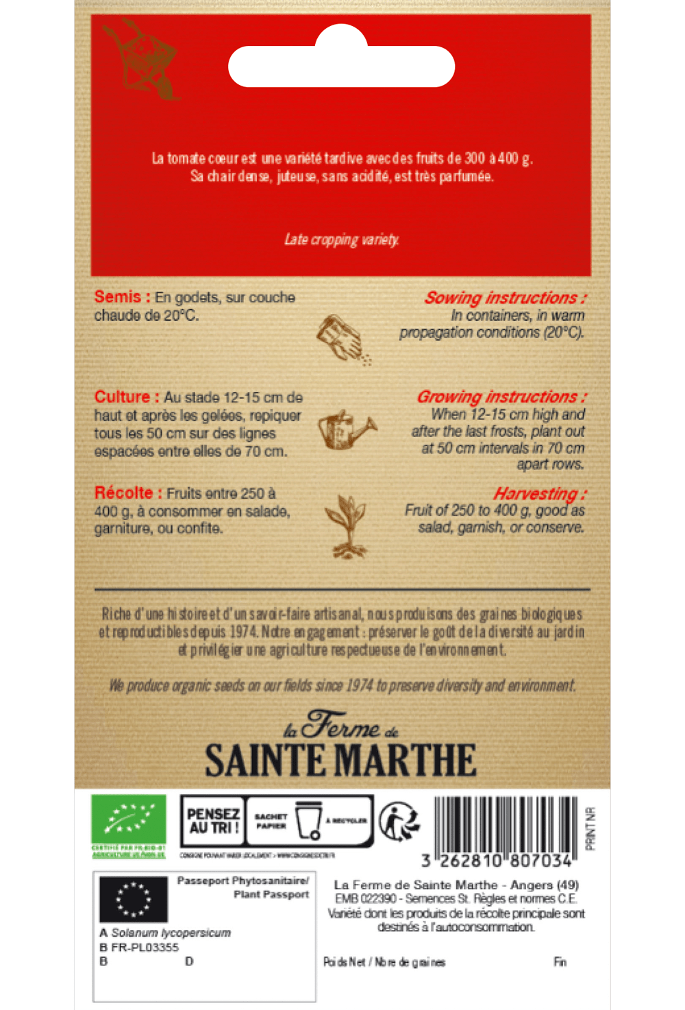 Semences de Tomate Cœur BIO (variété précoce)